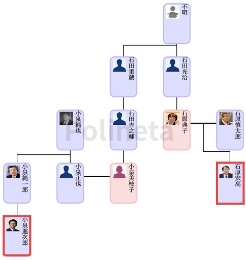 石原宏高と小泉進次郎を結ぶ家系図